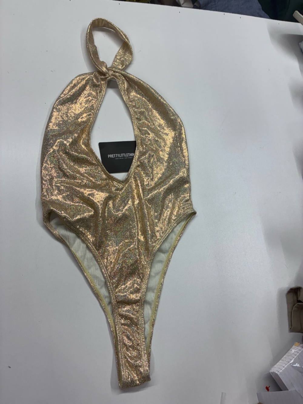 PrettyLittleThing‎ Metallic Gold Halter One-Piece Swimsuit